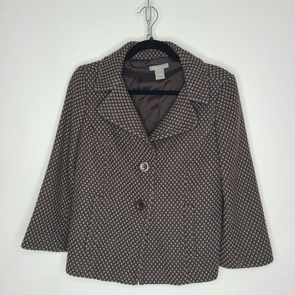Ann Taylor Tweed Jacket Coat Two Button Fasten Collar Brown White Size Size 4